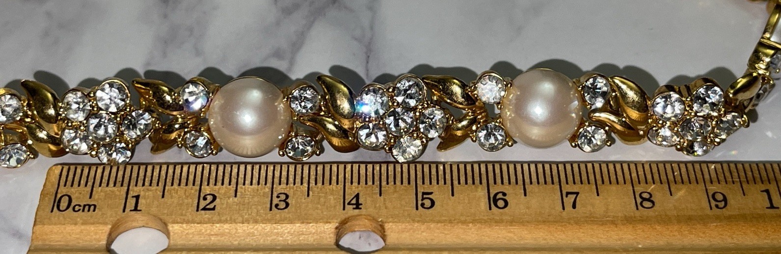 Vintage Gold Tone Rhinestone Faux Pearl Cabochon 15″ Necklace Jewelry YD-8