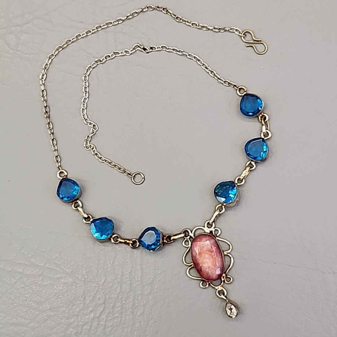 Vintage Glass Bead Necklace Blue Beads Pink Quartz Artisan Silver Tone 18.75″