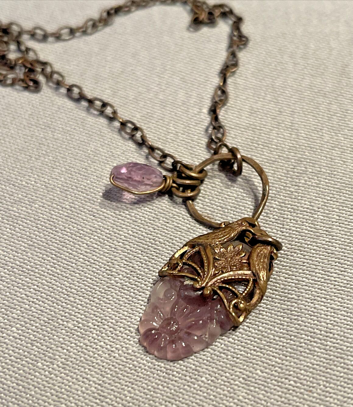 Handmade Lilacs and Lovebirds Vintage Inspired Glass/Brass/Tanzanite Necklace 18