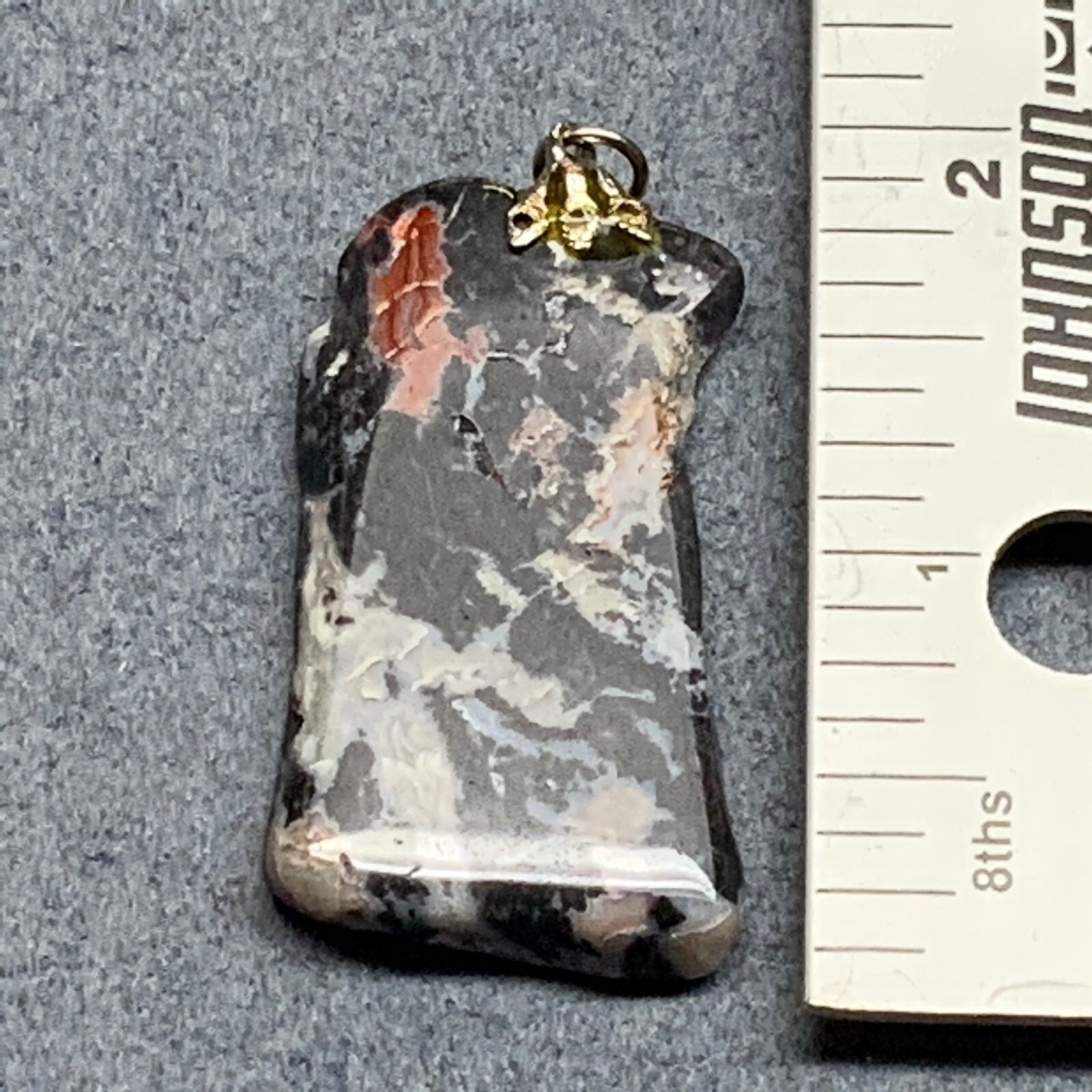 Marbled Stone Pendant 2 In Organic Shaped Silver Findings Black Gray White Red
