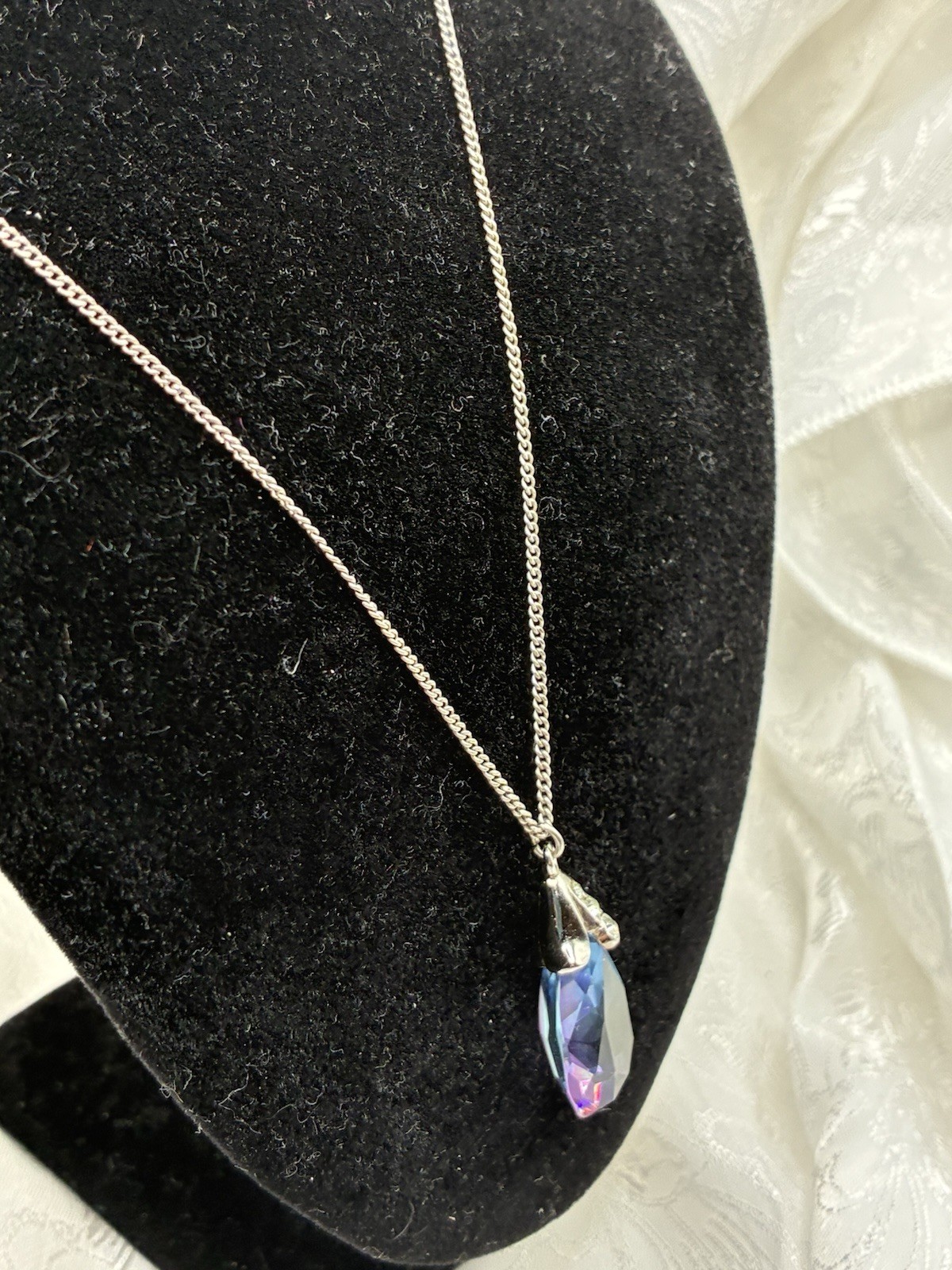 Vintage Purple/Blue Faceted Pear-Shape, CZ Bail Crystal Pendant On 925 18” Chain