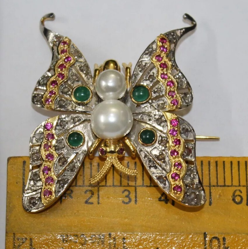 2.40ct Rose Cut Diamond Ruby Emerald Pearl 925 Silver Butterfly Brooch Pin