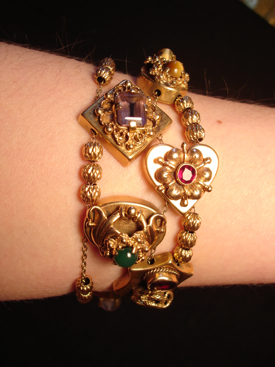 Antique Victorian Vintg Heavy Solid 14K Gold Slide Charm Bracelet 62gr Slides