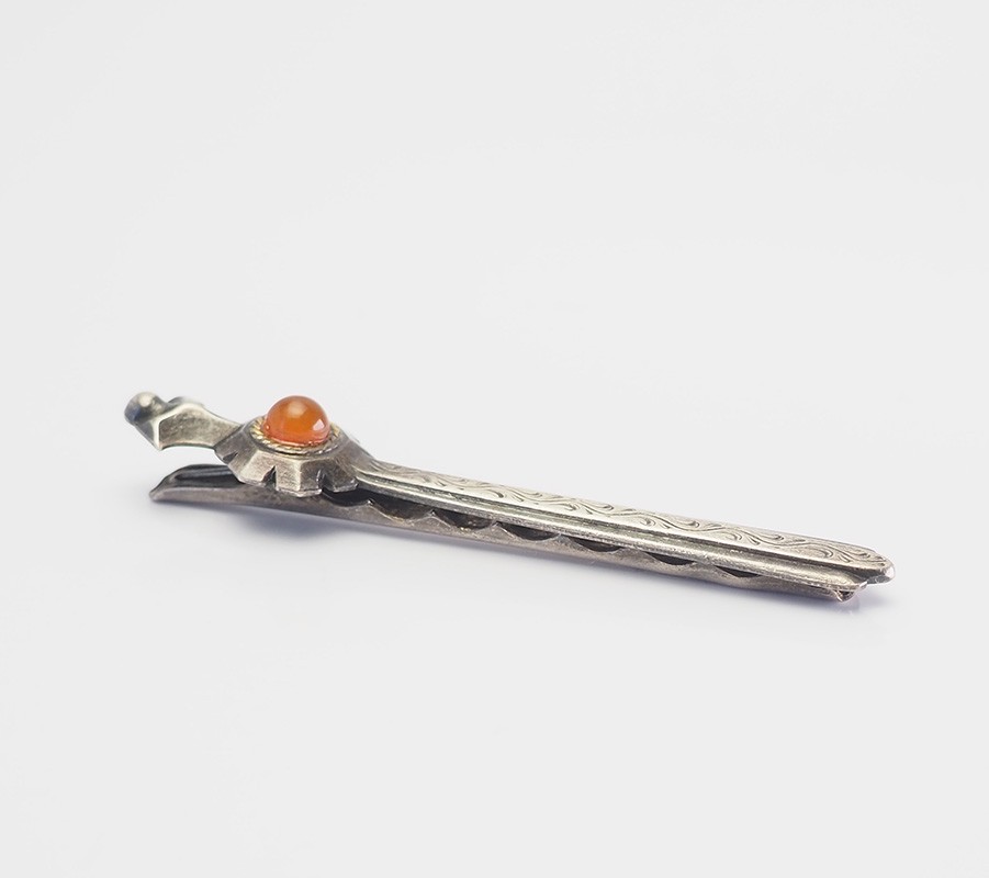 Latvia vintage 875 silver and amber ethnic sword shape tie clasp pin