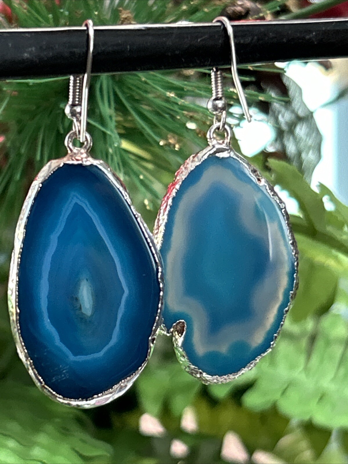 Vintage Silver Tone Blue Geode Slice Dangle Drop Pierced Earrings Large 2.25”