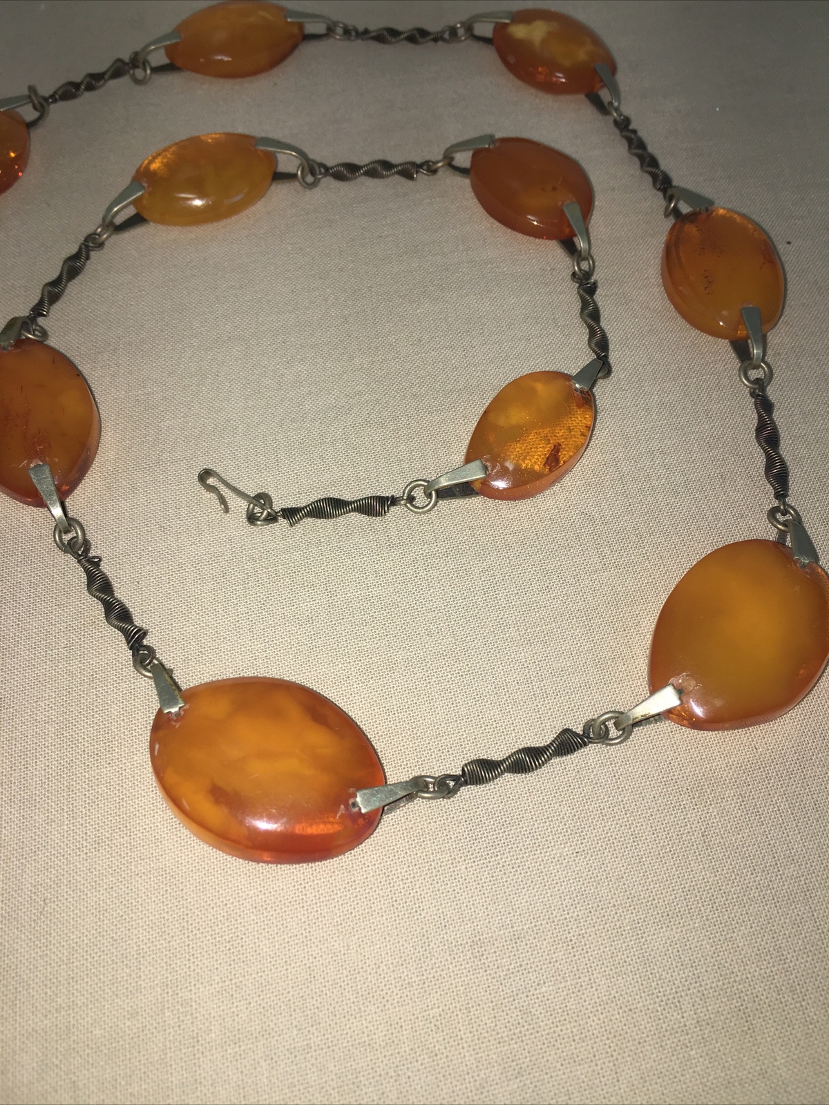 ANTIQUE AMBER NECKLACE BUTTERSCOTCH + SILVER CHAIN STAMPED 9RK