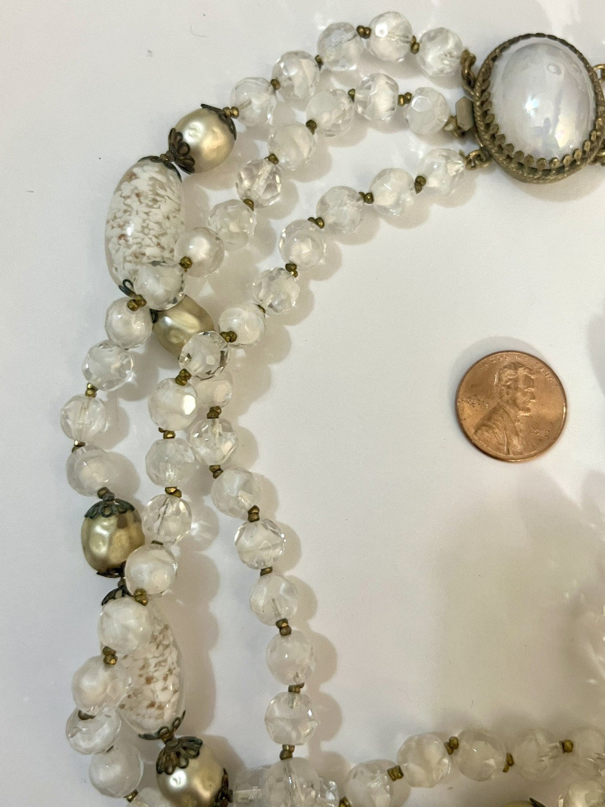 Vintage Foil Glass Necklace Murano Multistrand White Beaded Estate Jewelry Rare