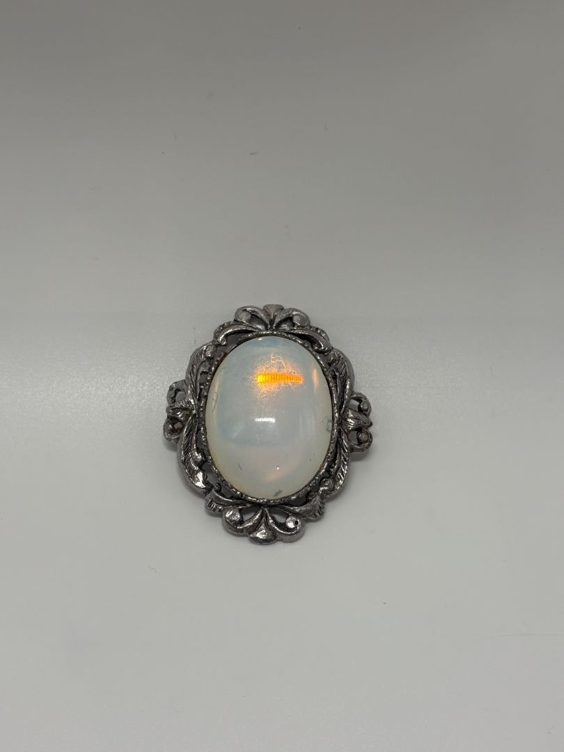 Vintage 1970 Faux Oval Opaline Silvery Pewter Tone Brooch Pin