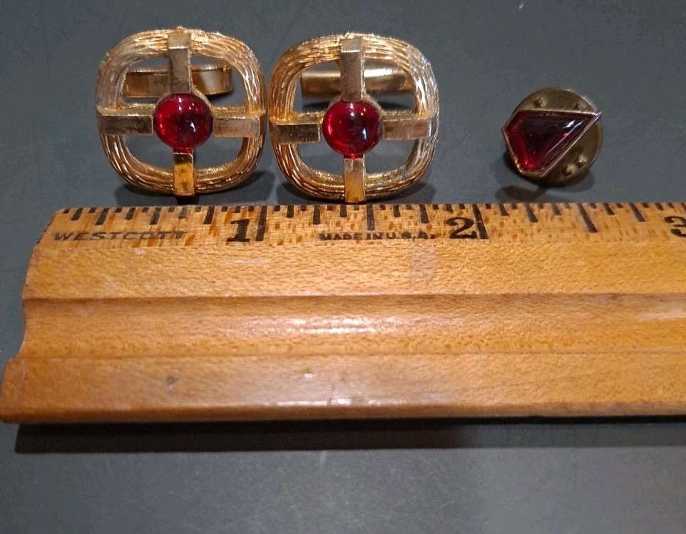 Vintage Midcentury Gold Red Glass Cufflinks & Tie Tack MCM Retro Men’s Jewelry