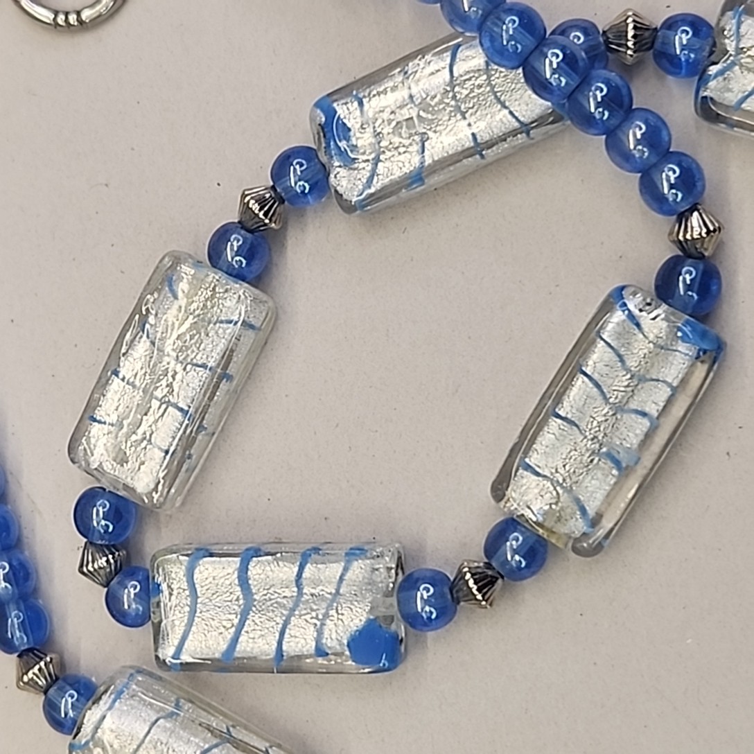 Vintage Glass Beaded Necklace Blue Striped Silver Foil Toggle 19″