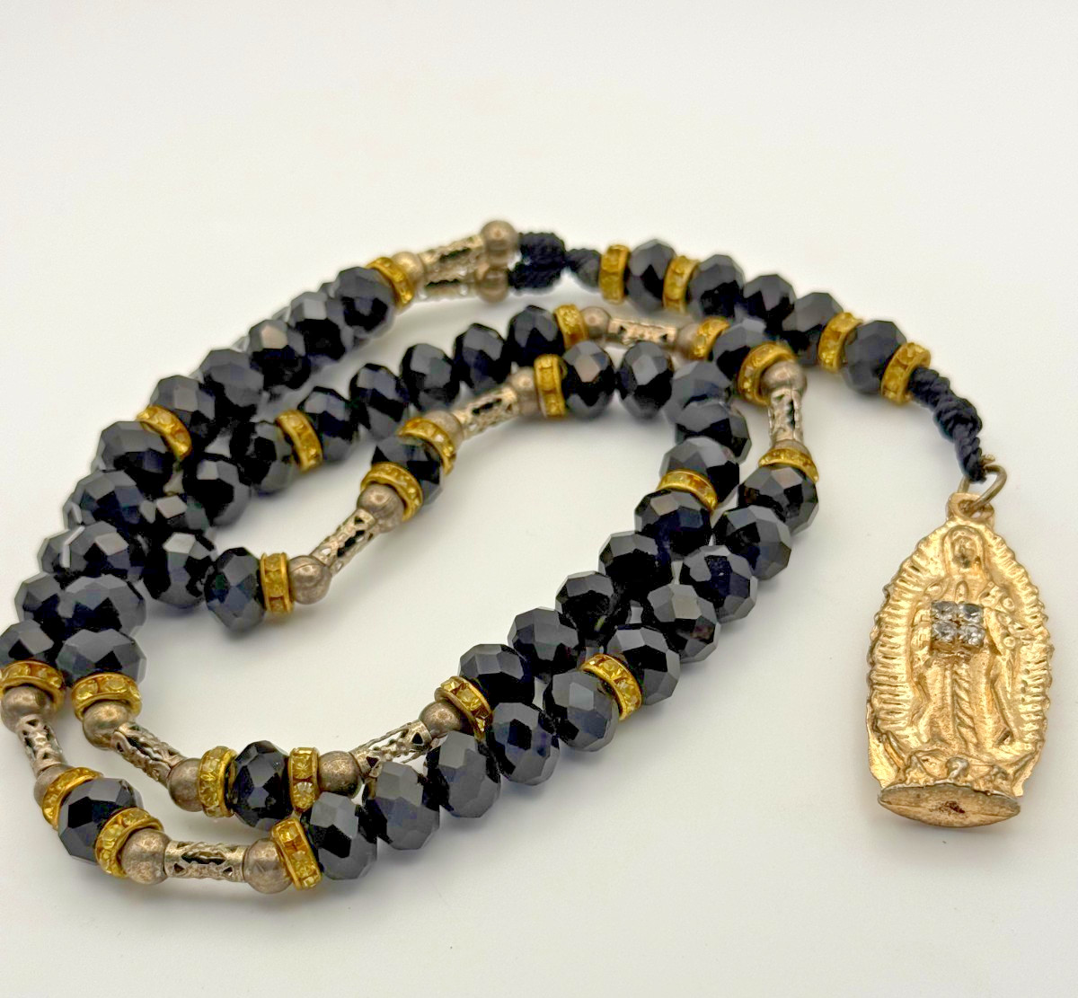 Vintage Rosary Style Necklace Black Faceted Glass Guadalupe Pendant Statement