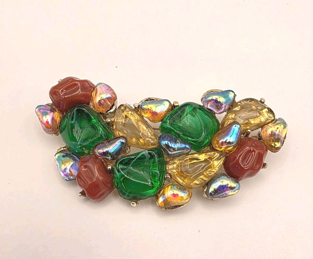 Vintage Hi End Multicolor Poured Marbled Glass Prong Set Silvertone Brooch