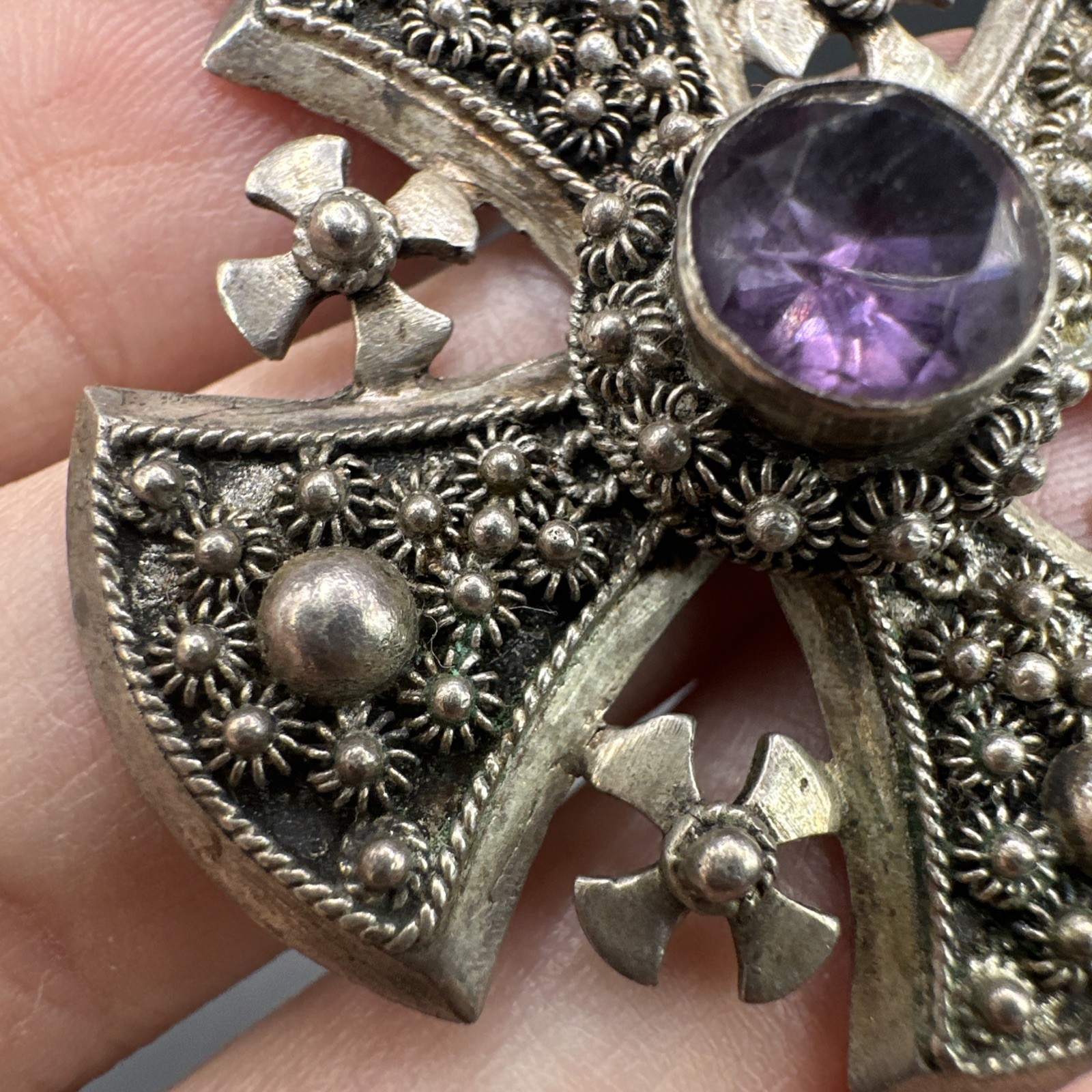 Vtg Sterling Silver Jerusalem Maltese Cross Pendant Amethyst Gothic Revival 15g