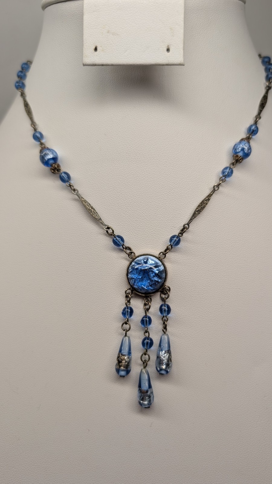 Vintage Czech ART DECO sky blue & silver foiled glass bead dangle drop necklace