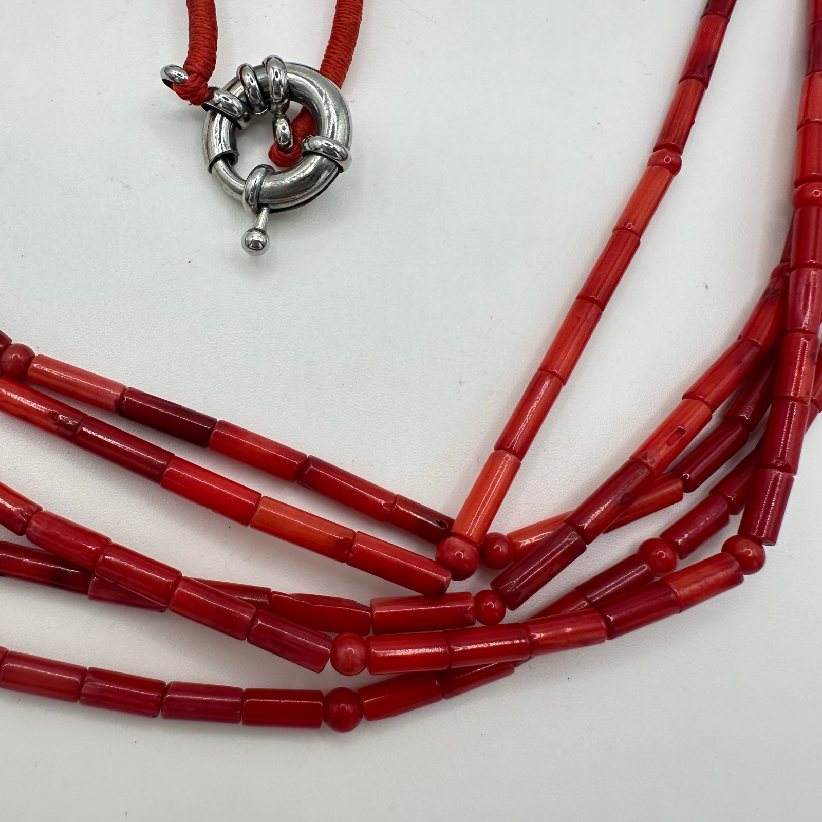 Vintage handmade 5 multi strand genuine red coral branch beads beaded necklace