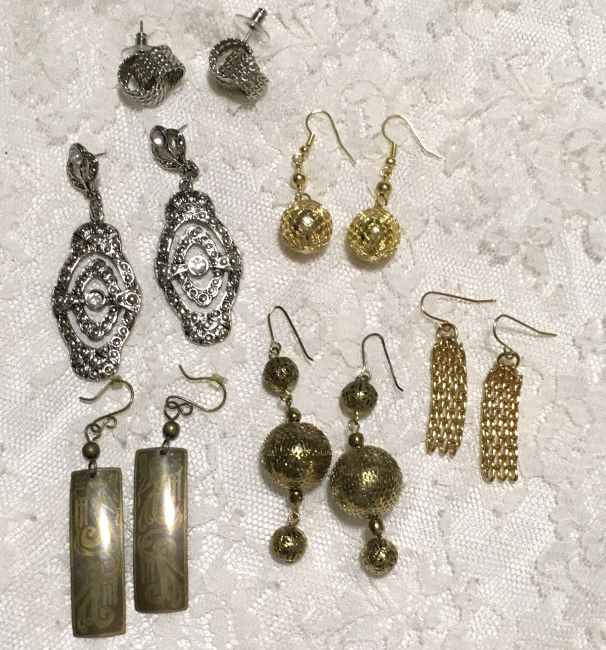 Vintage Dangle Earrings Lot Silver Gold Tone 5 Pairs Retro Chain Bead Hook Clasp