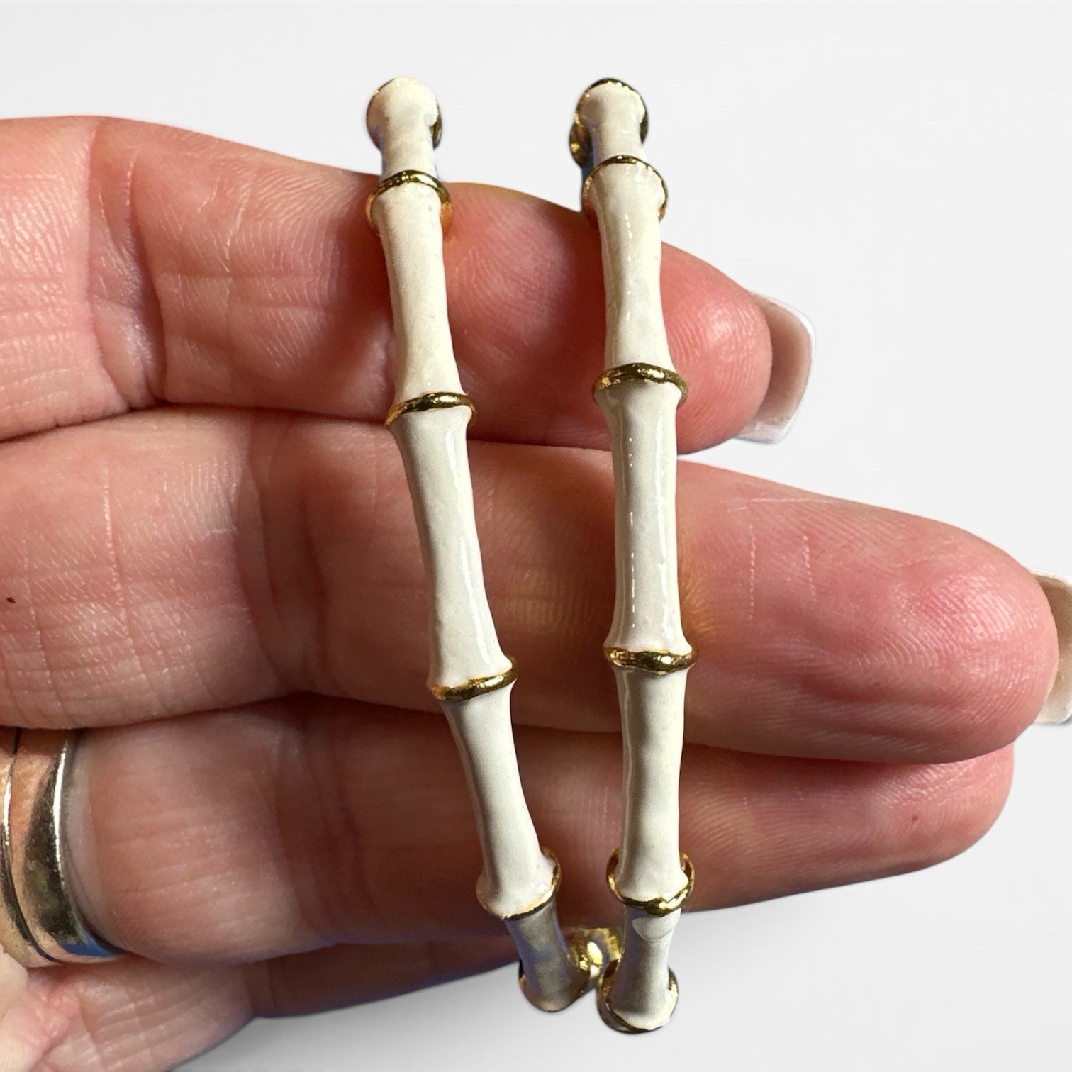 Vintage Bamboo Bangle Bracelet Lot of 2 White Enamel 28k Gold Plated