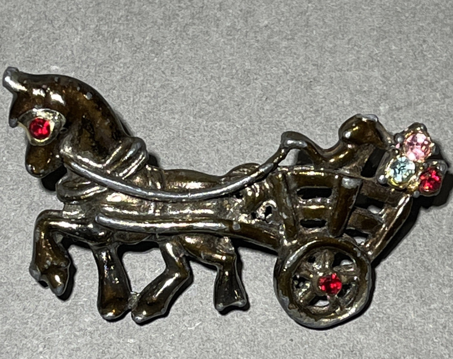 Horse & Carriage Brooch W/ Rhinestone Accent Rollover Safety Lapel Pin