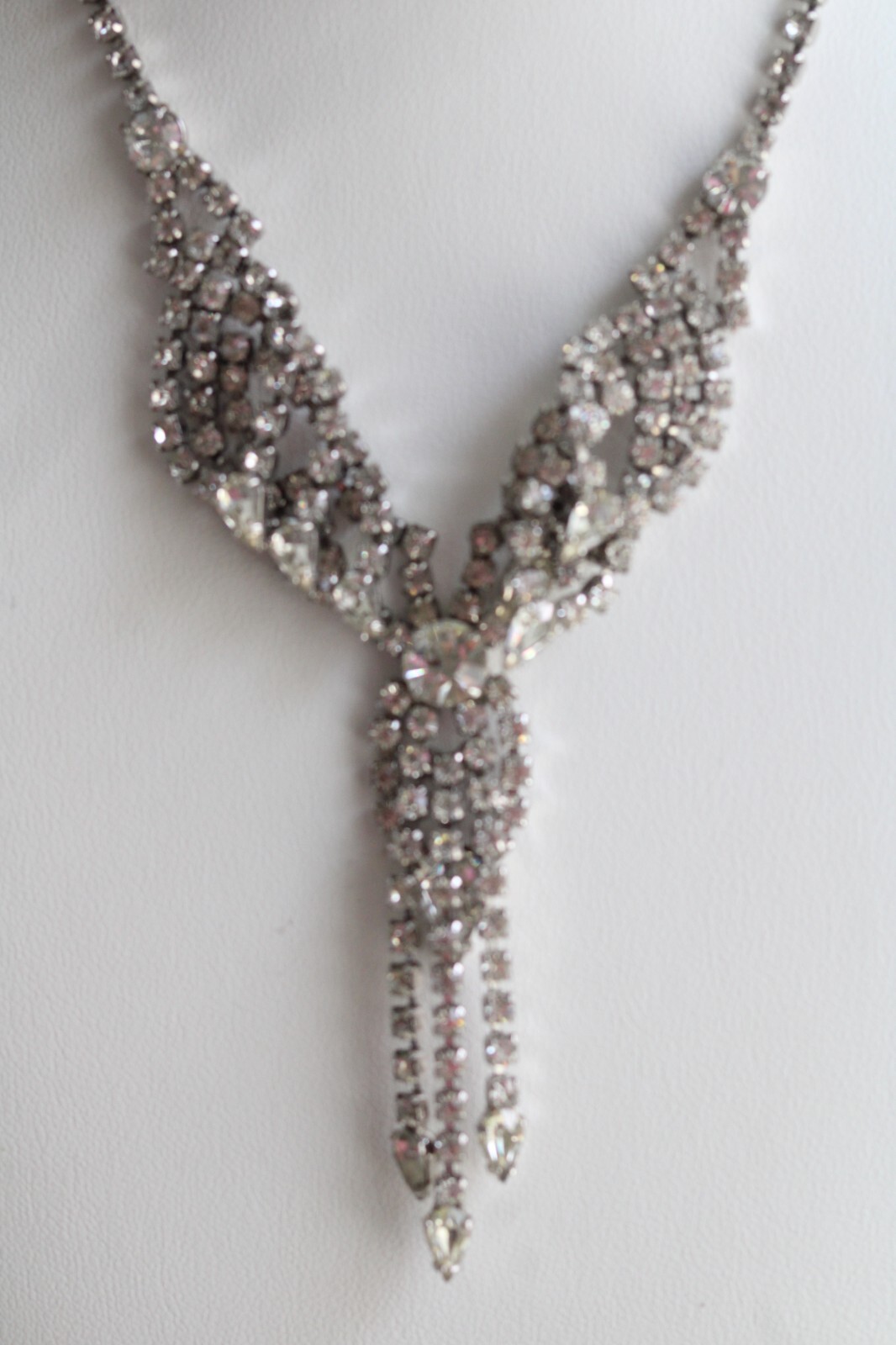Vintage Clear Rhinestone Layered Dangling Fringe Choker Necklace 15 1/2″