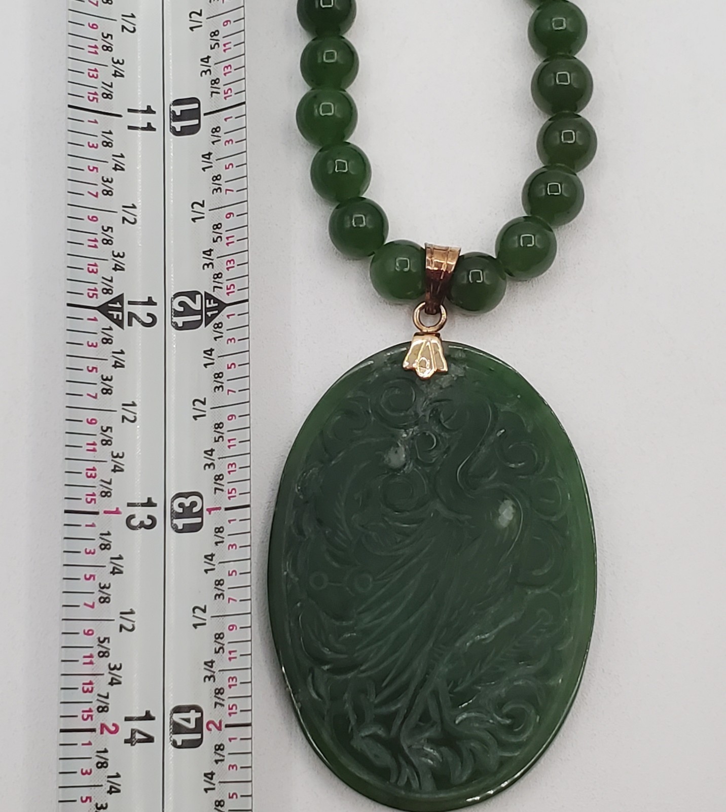 VTG 925 Spinach Jade Crane Dragon Pendant 24in Bead Necklace Carved Reversible