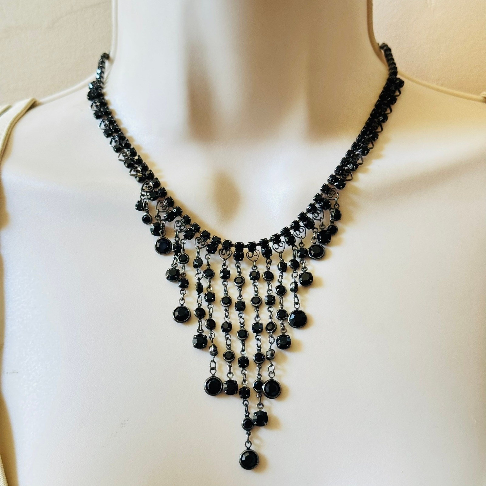 VTG Victorian Goth Style Black Glass Necklace Brass Waterfall Cascade Open Bezel