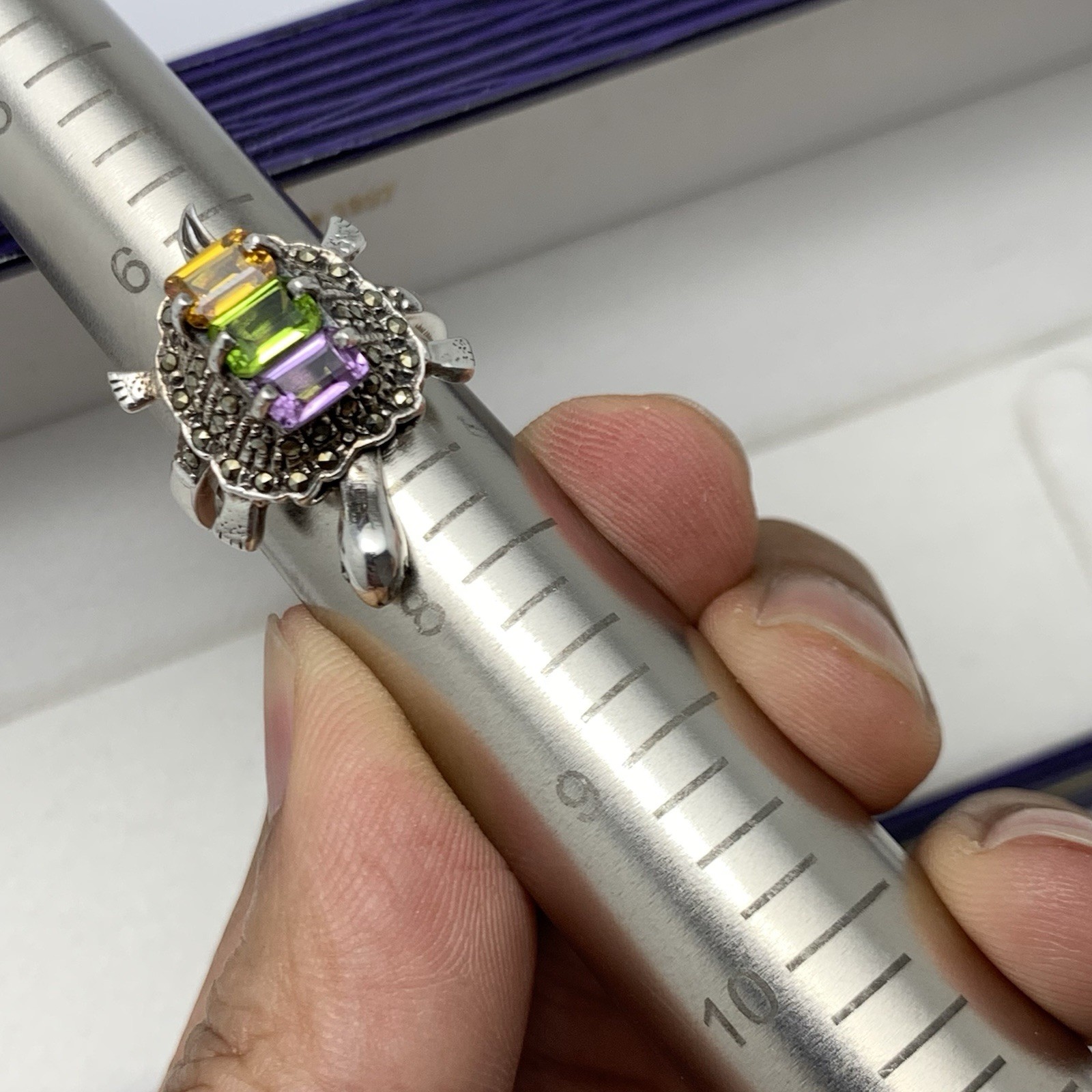 Vtg Turtle Ring w Moving Head 925 Sterling Silver Multi Colored Gem / Marcasite