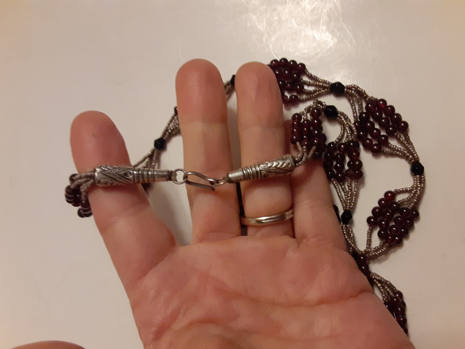 Vtg Artisan GARNET GLASS & Micro beaded Silver Hook Clasp Necklace