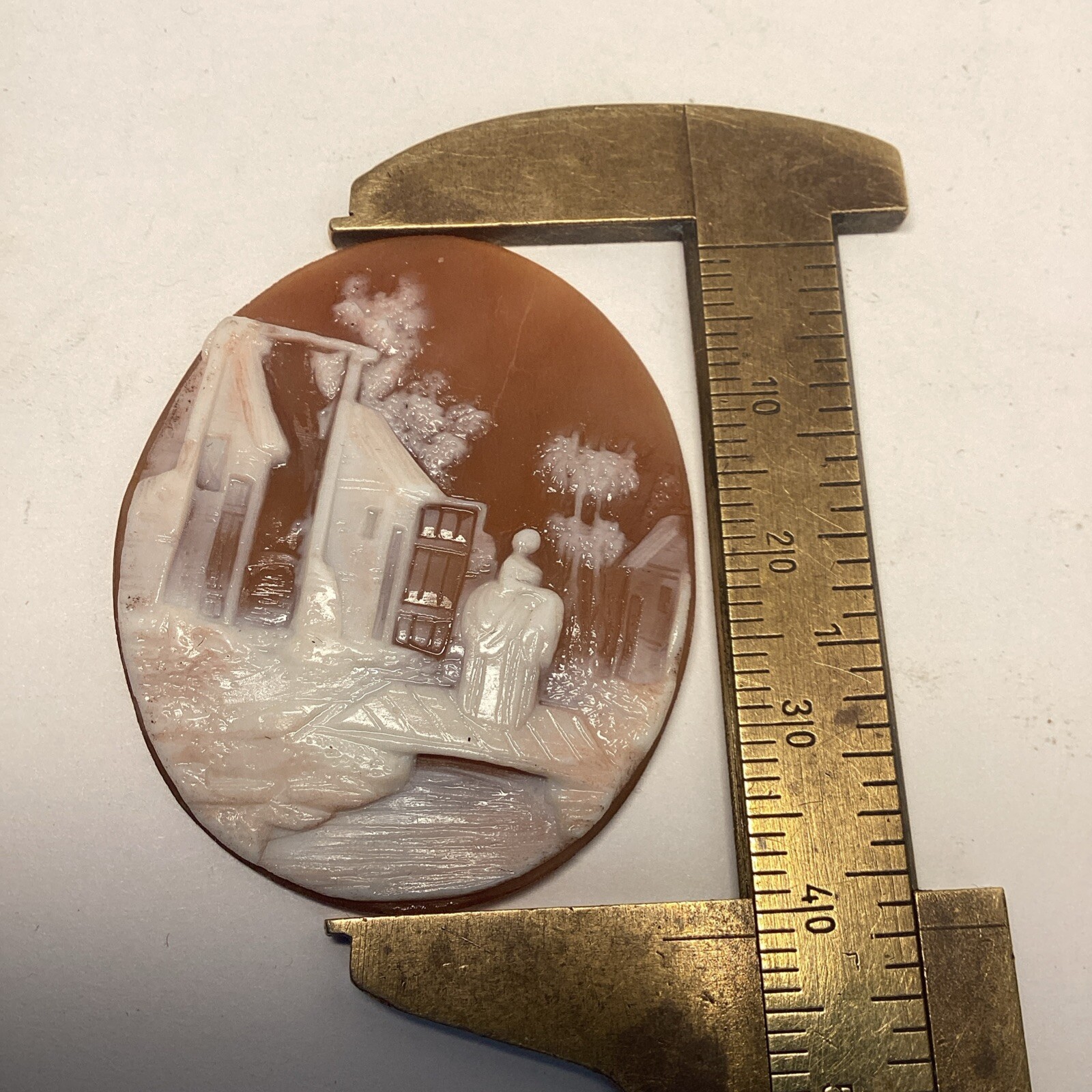 ANTIQUE CARVED SHELL CAMEO, WOMAN WALKING ON BRIDGE, WITH BUILDINGS 41/33mm #131