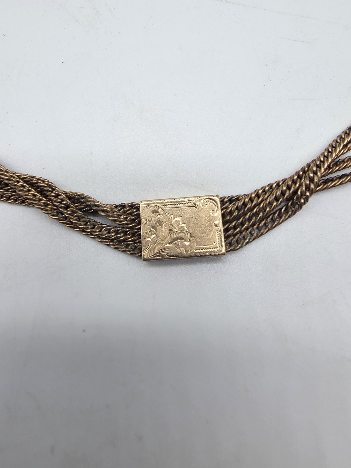 Antique Victorian Gold Filled 4 Strand Mesh Watch Fob Chain Slide Carved Agate