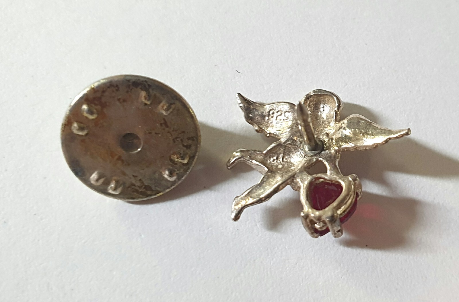 Vintage 925 Sterling Silver & Ruby 3/4″ Cherub/Guardian Angel Heart Lapel Pin