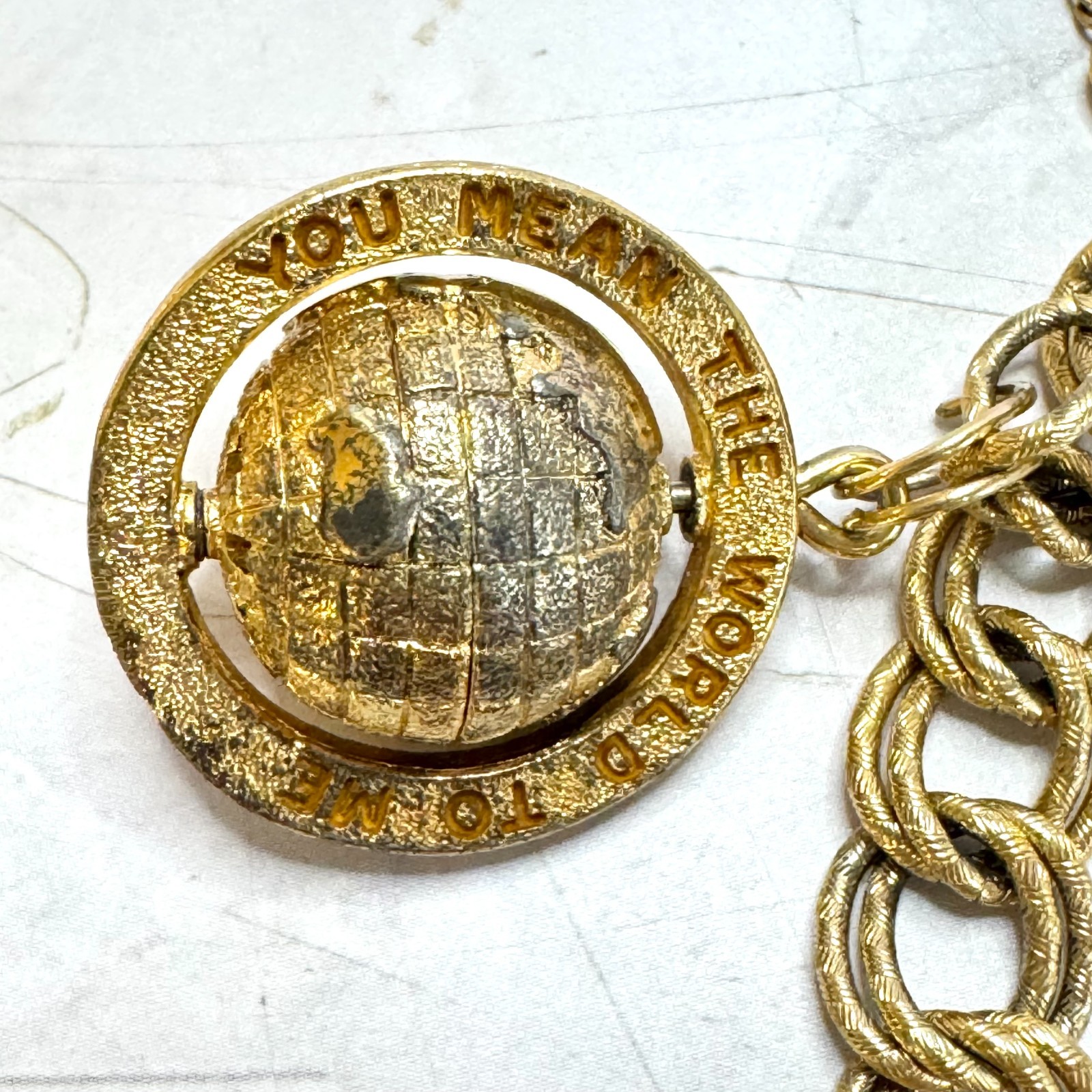 Vintage Monet Charm Bracelet Gold Tone Double Link 6 Charms Globe Kitten Cross