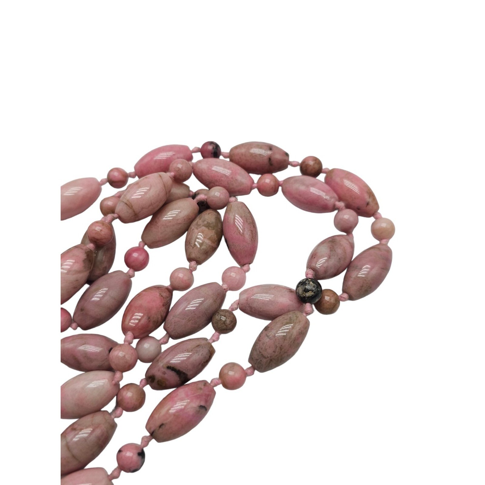 Pink Rhodochrosite Gemstone Hand Knotted Necklace Vintage No Clasp