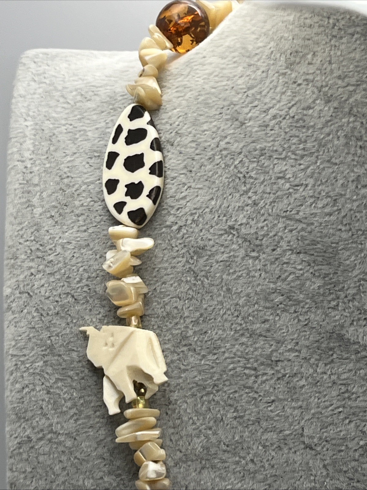 Vintage Shell And Acrylic Animal Print Carved Elephant Asymmetrical Necklace