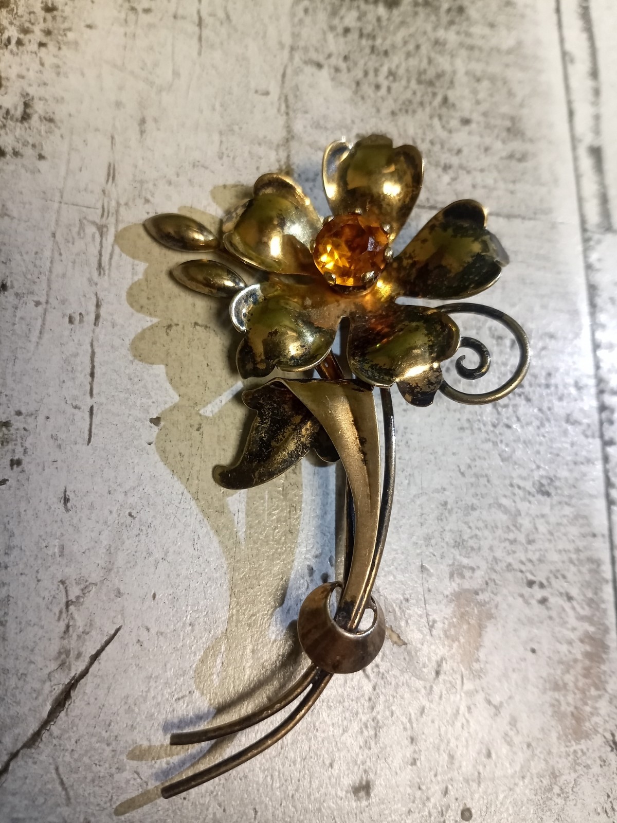 Gold Over Sterling Silver 1930’s-1950’s Broach Pin With Orange Unknown Gemstone!