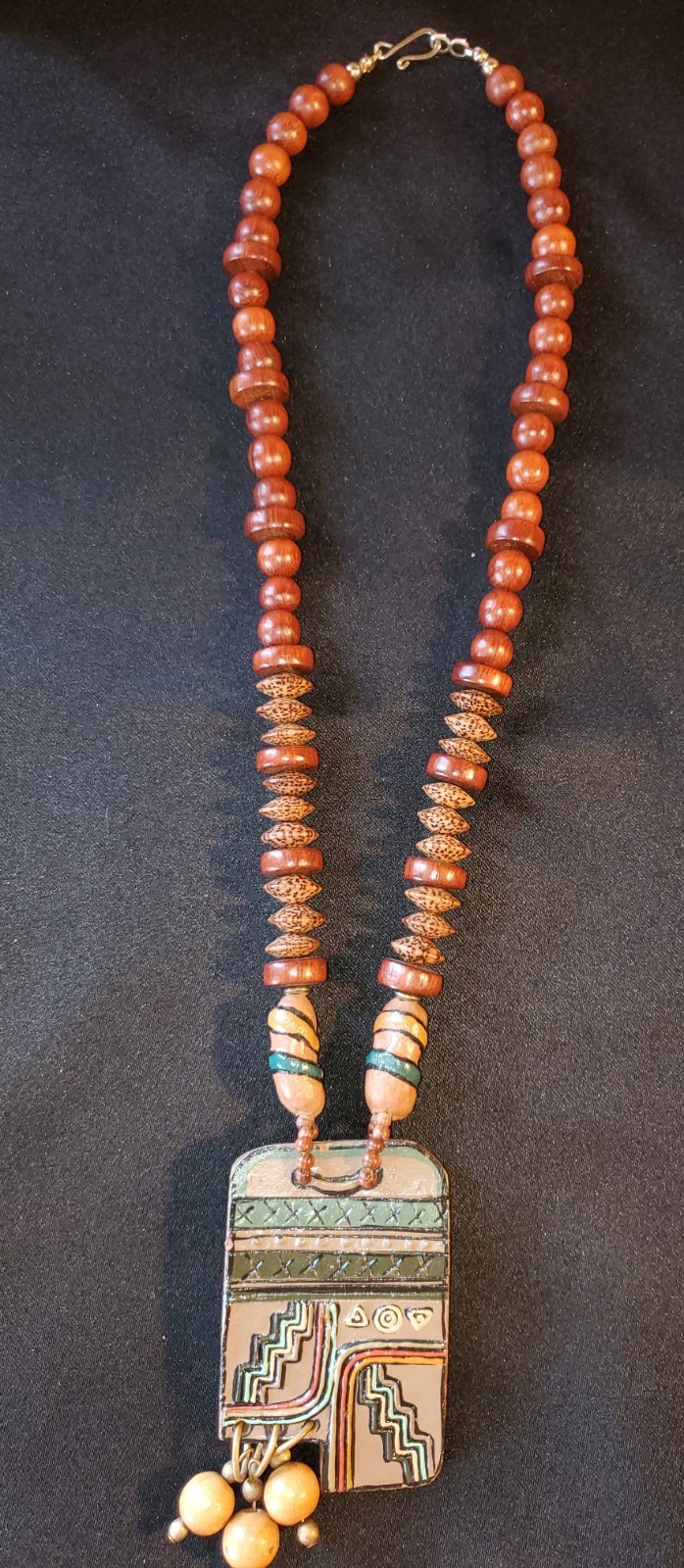 Vintage Southwest Wood and Ceramic Necklace Pendant