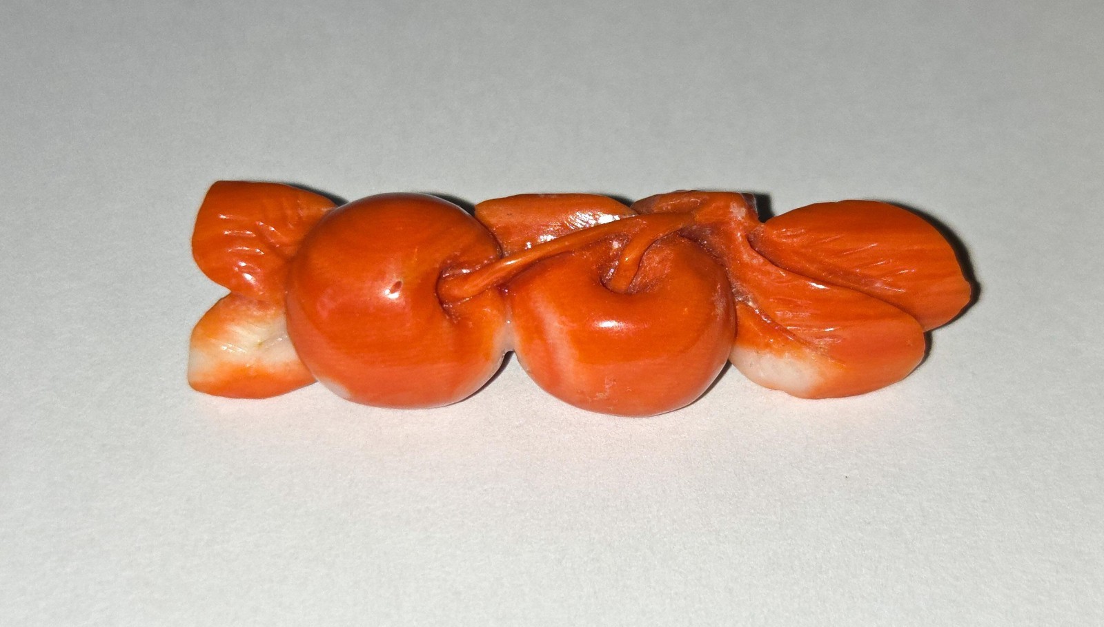 Antique Mediterranean Salmon Coral Hand Carved Cherry Brooch