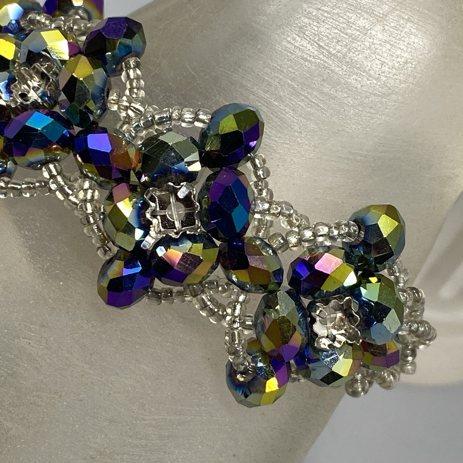 Glass Bead Bracelet Purple Metallic Oil Slick Peacock Coated Chunky Repair 6.5″