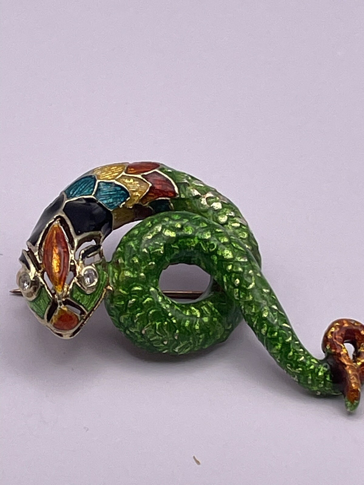 Vintage 14k Solid Gold Enameled Snake Brooch-pendant,Natural Diamond Eyes,21.4g