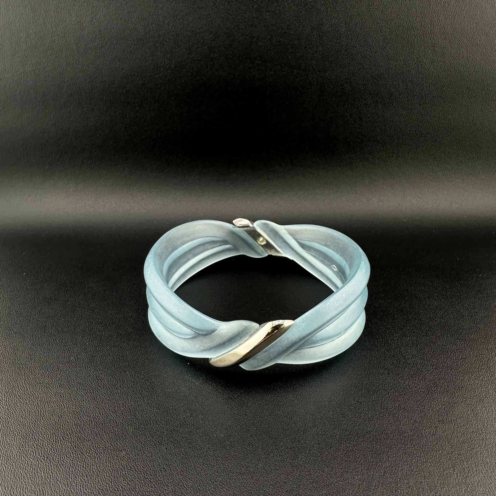 Vintage Lucite Bangle Bracelet Frosted Baby Blue Ribbed Dimensional Wave Signed