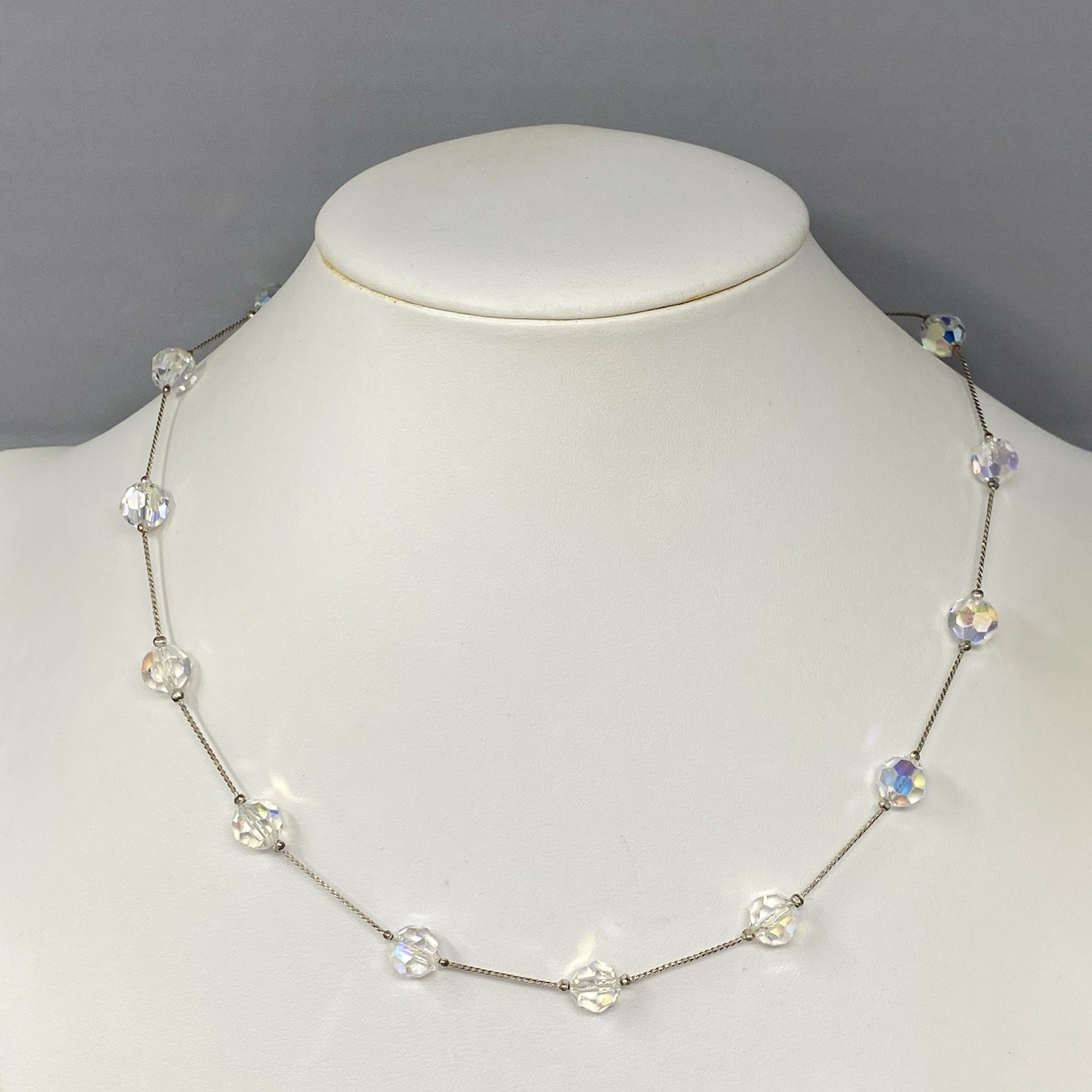 Aurora Borealis Crystal Bead Necklace Faceted Glass Silver Tone Chain Collar 18″