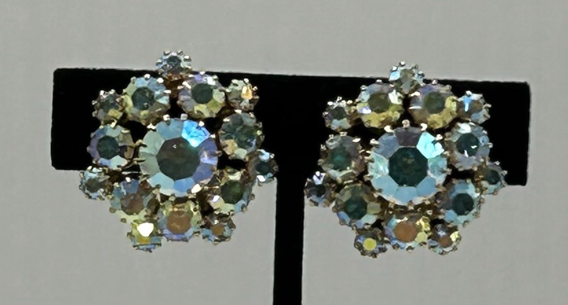 Iridescent Clip On Earrings Cluster Prong-set Rhinestones In Floral Design