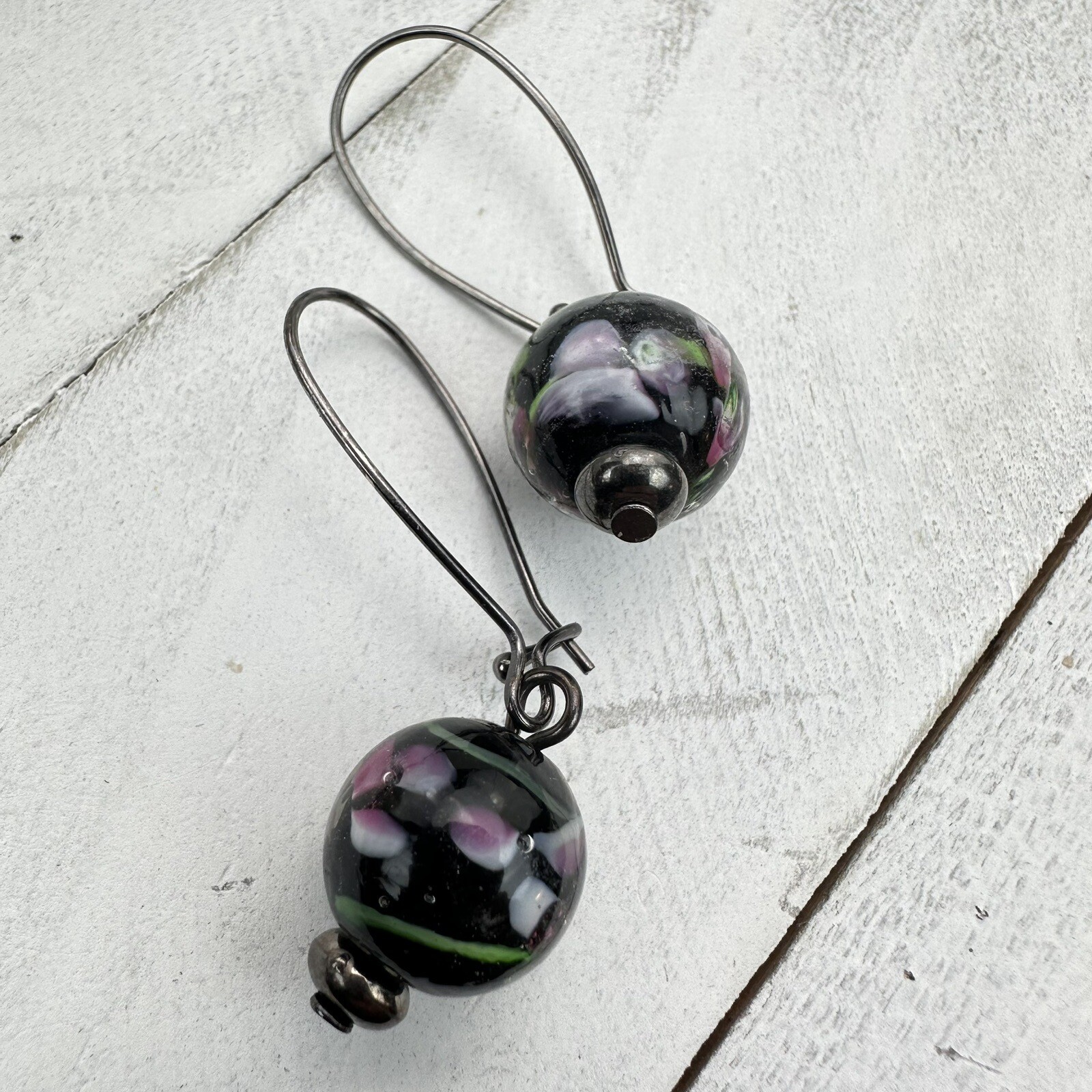 Vintage Venetian Murano Glass Black Flower Ball Dangle Earrings