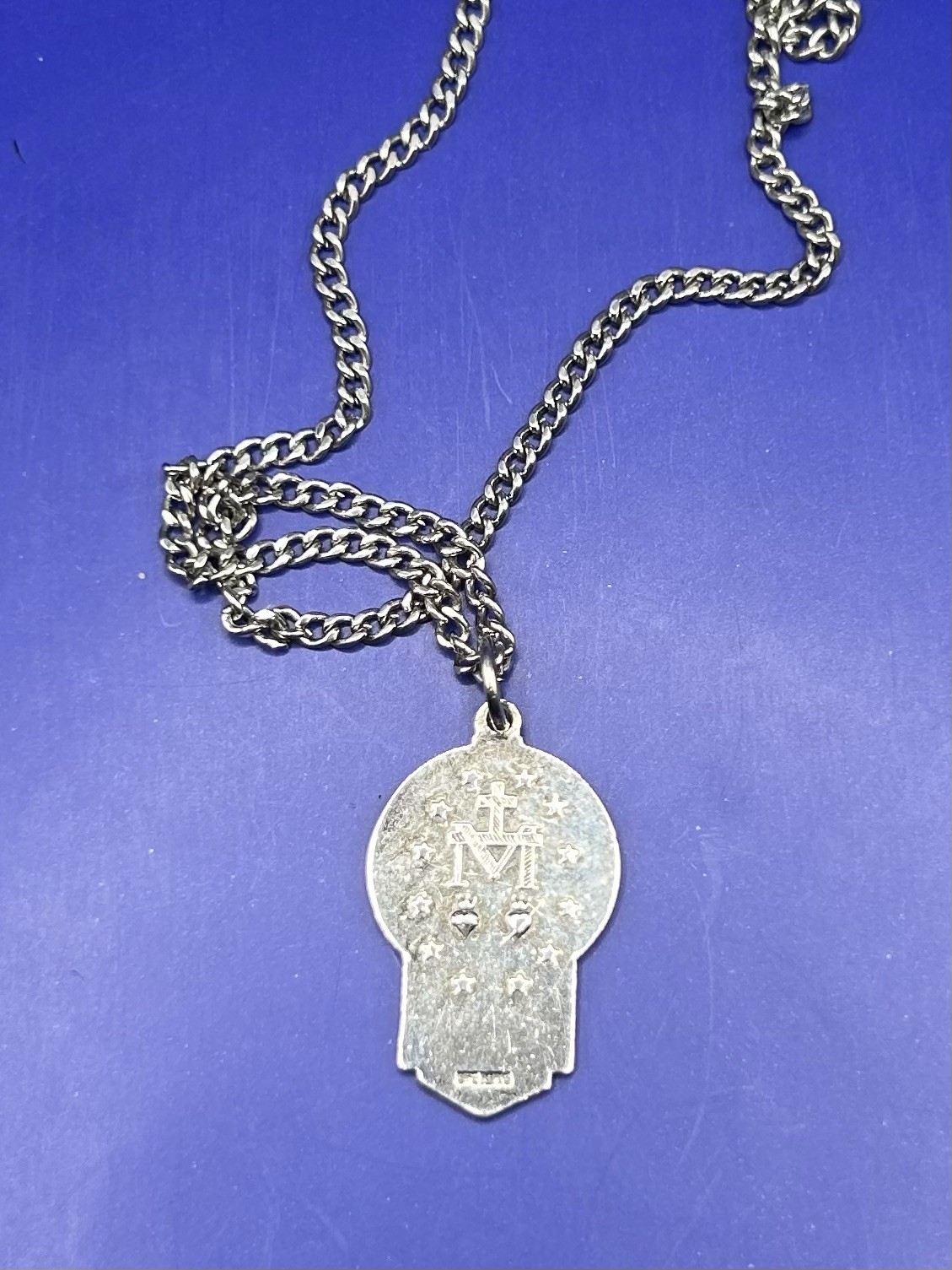 Antique Virgin Mary Pendant And Neck Chain. Sterling Silver with enameling.