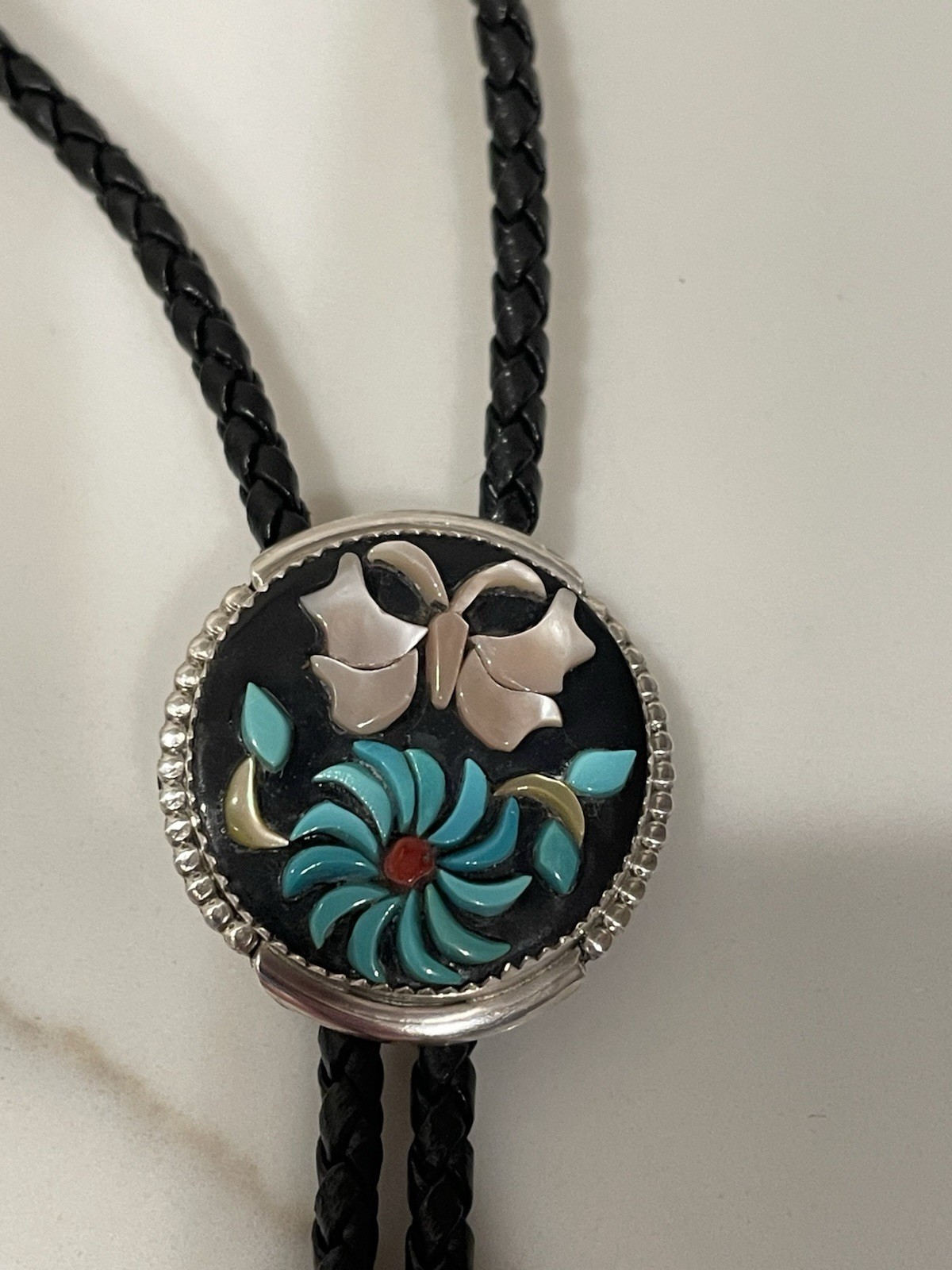 Vintage Zuni Sterling Silver Natural Multi-Stone Floral Inlay Bolo Tie 18”
