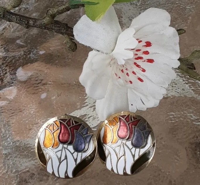 Earring Goldtone Orange Red Green Purple White Cloisonne Tulips Flower Pierce