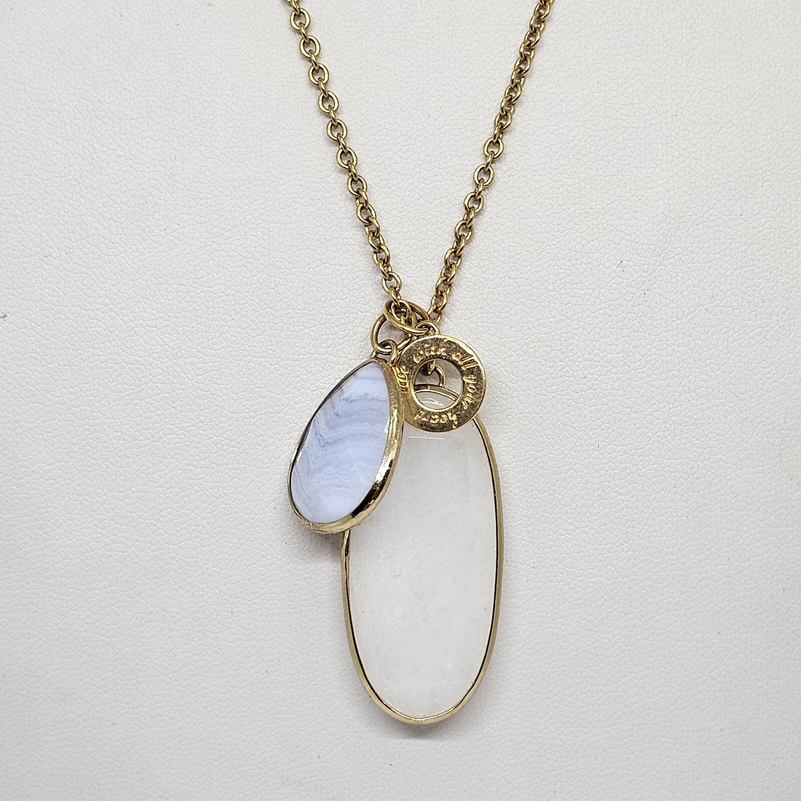 STELLA & DOT Gold Pink Blue Agate stone Charm Pendant Chain Necklace