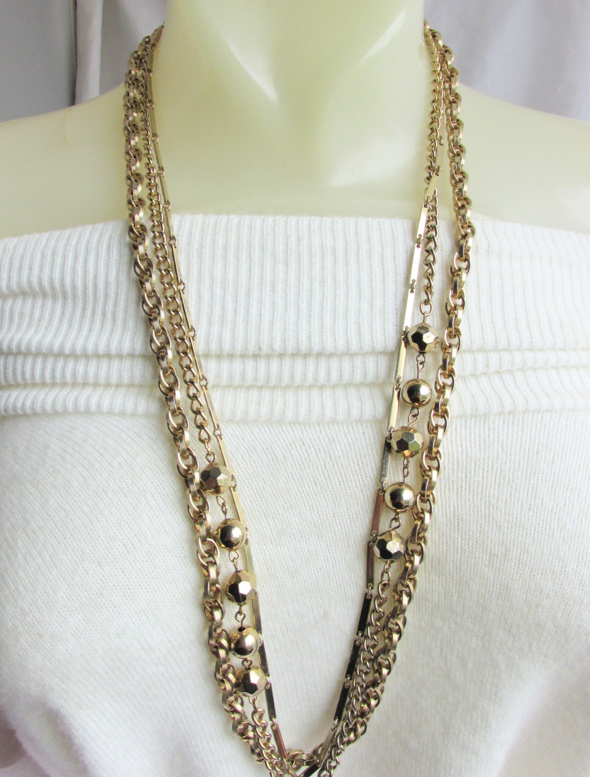 Vintage 3 Golden Rows Chain Necklace Gold Plate Rolo Bar Link Cable Styles