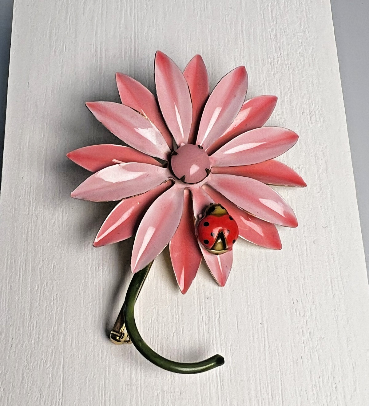 PRECIOUS Original By Robert Pink Daisy Enameled Metal Brooch with Ladybug