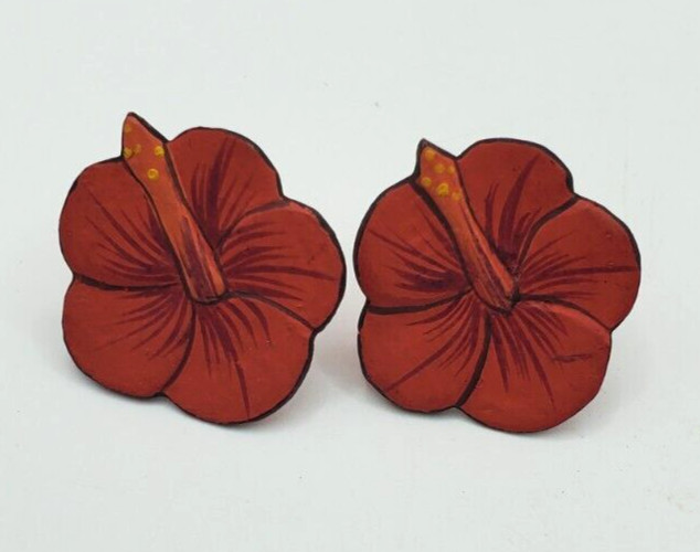 Wood earrings Red Flower Pierced Earrings Classic BoHo