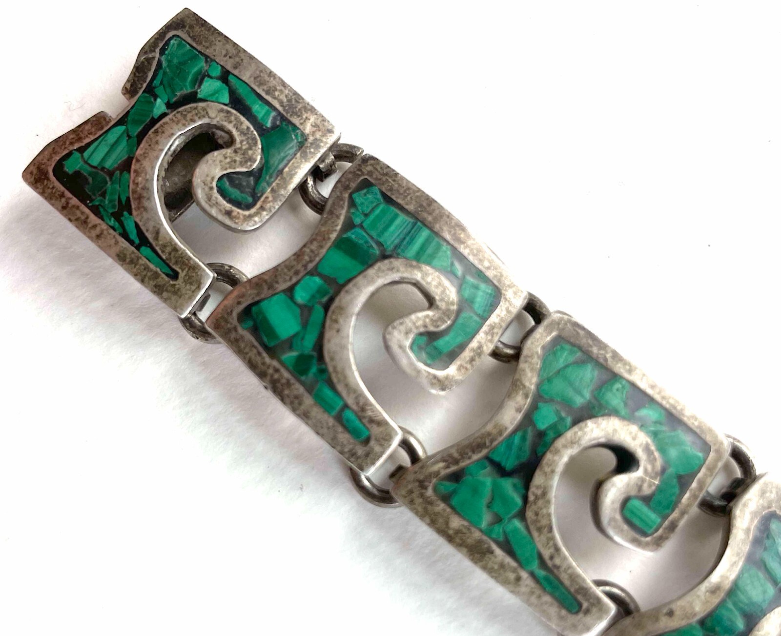 VTG Mexico Bracelet Sterling Malachite Chip Large Wrists 8″ 64g Modernist 1940s